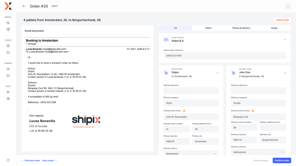 Shipix TMS Flow live ordermanagement